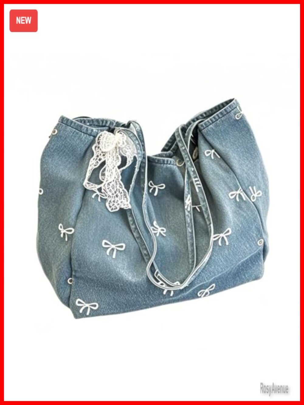 Denim Canvas Tote Bag Large Capacity White Bow Shoulder Bag